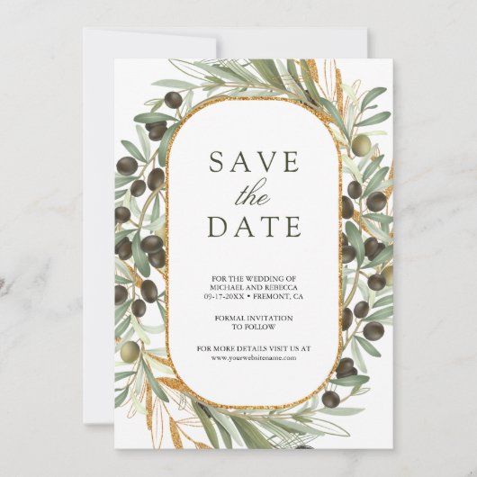 Save The Date Olive Feuille Photo Collage QR Code Mariage (Devant)