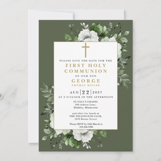 Save The Date Olive Green Boho Floral First Holy Communion (Devant)