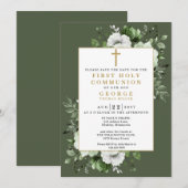 Save The Date Olive Green Boho Floral First Holy Communion (Devant / Derrière)