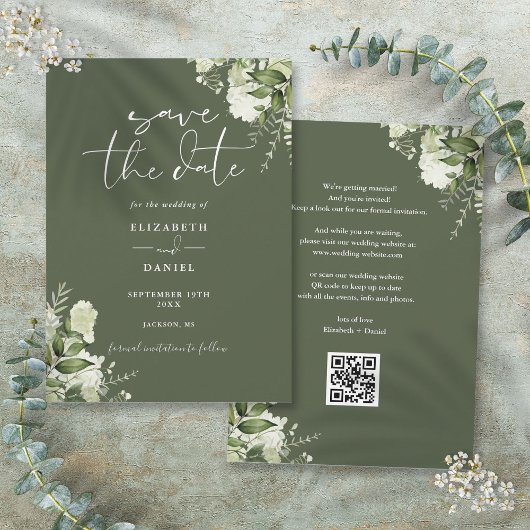 Save The Date Olive Green Floral Greenery QR Code Mariage
