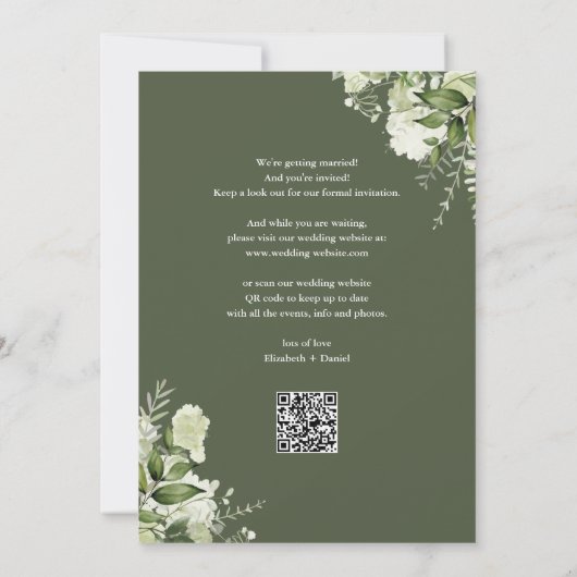 Save The Date Olive Green Floral Greenery QR Code Mariage (Dos)