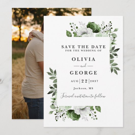 Save The Date Olive Green Moderne Aquarelle Florale Photo Mariag (Devant / Derrière)