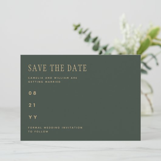 Save The Date Olive Moss Green Gold Wedding ENREGISTRER LA DATE (Debout devant)
