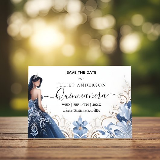 Save The Date Ombre ivoire Ciel or Royal Blue Quinceaner