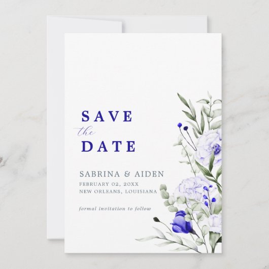 Save The Date Ombre Royal Blue Ivory Floral Mariage Photo (Devant)