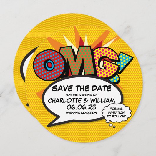 Save The Date OMG Sauvegarder la date Fun rétro bande dessinée P (Devant / Derrière)