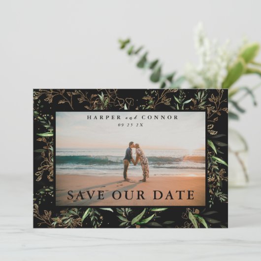 Save The Date Onyx Elegant Boho Golden Sage Eucalyptus Photo (Debout devant)