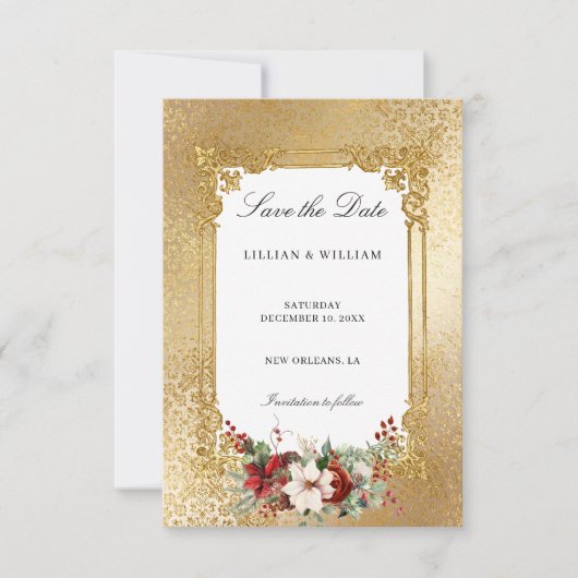 Save The Date Opulence dorée Noël Mariage floral (Devant)