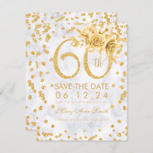 Save The Date Or 60e anniversaire Glam Marble (Devant / Derrière)
