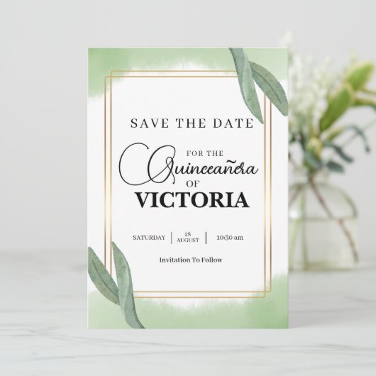 Save The Date or Aquarelle Sage papillon vert Quinceanera (Debout devant)