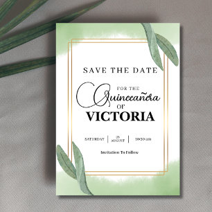 Save The Date or Aquarelle Sage papillon vert Quinceanera