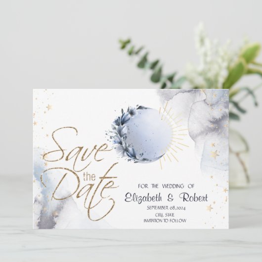 Save The Date Or céleste Soleil, Lune bleue, Étoiles (Debout devant)