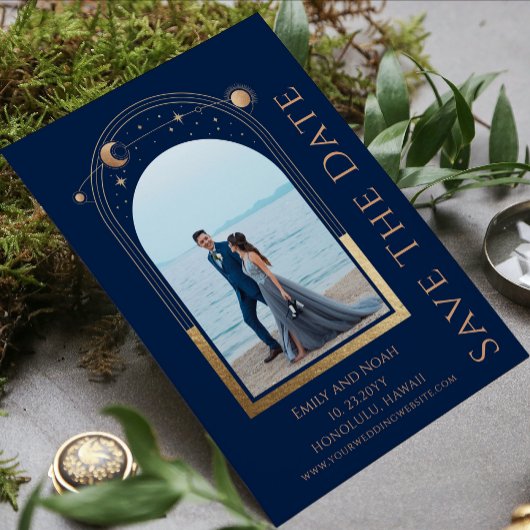 Save The Date Or Celeste Soleil Lune Étoiles Double Photo