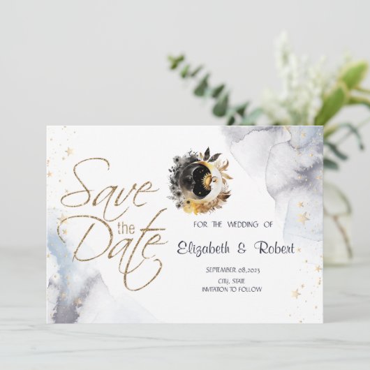 Save The Date Or céleste Soleil, Lune, Étoiles Fleurs (Debout devant)