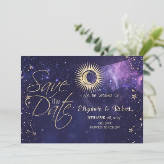 Save The Date Or céleste Soleil, Lune, Étoiles Violet (Debout devant)