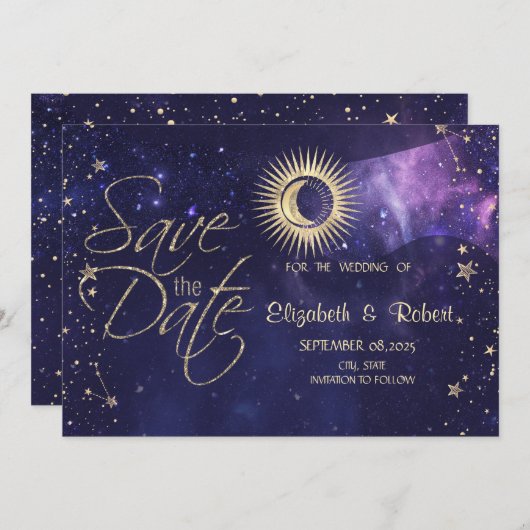 Save The Date Or céleste Soleil, Lune, Étoiles Violet (Devant / Derrière)