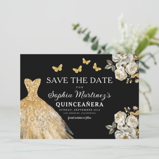 Save The Date Or floral Enregistrer la date Anniversaire Quincea (Debout devant)