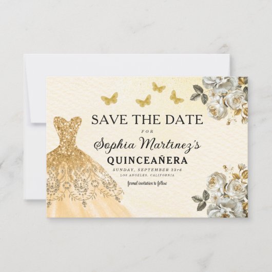 Save The Date Or floral Enregistrer la date Anniversaire Quincea (Devant)