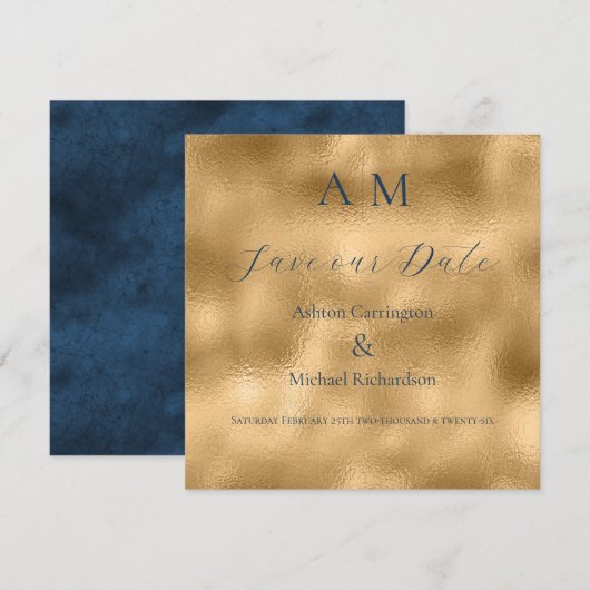 Save The Date Or Monogramme Moderne Mariage Bleu Or (Devant / Derrière)