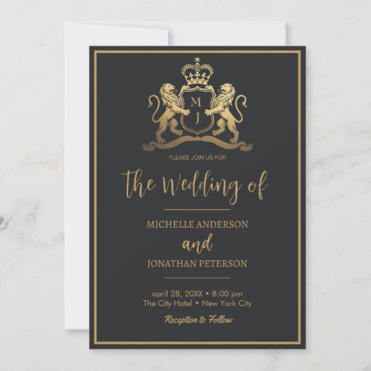 Save The Date Or Royal Crown Emblem Lions Monogramme Mariage (Devant)