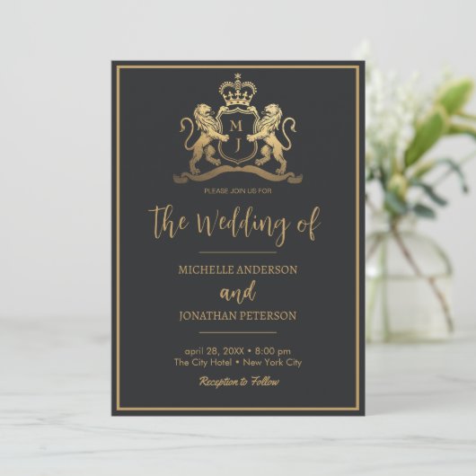 Save The Date Or Royal Crown Emblem Lions Monogramme Mariage (Debout devant)