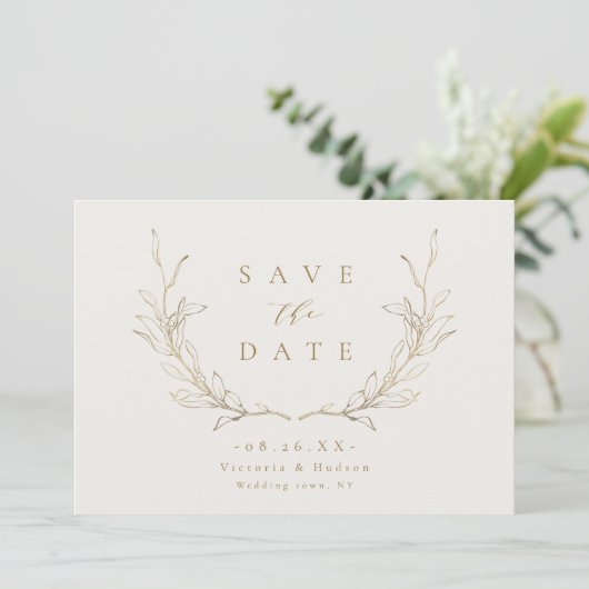 Save The Date Or simple élégance botanique feuille mariage Save (Debout devant)