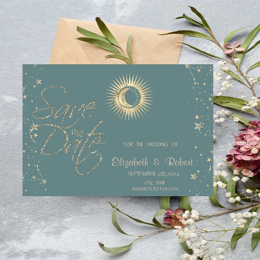 Save The Date Or Soleil Céleste Et Lune Étoiles Vert Menthe