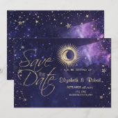 Save The Date Or Soleil Céleste, Lune, Étoiles Violet (Devant / Derrière)