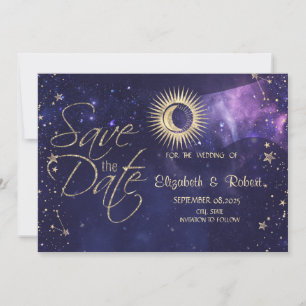 Save The Date Or Soleil Céleste, Lune, Étoiles Violet