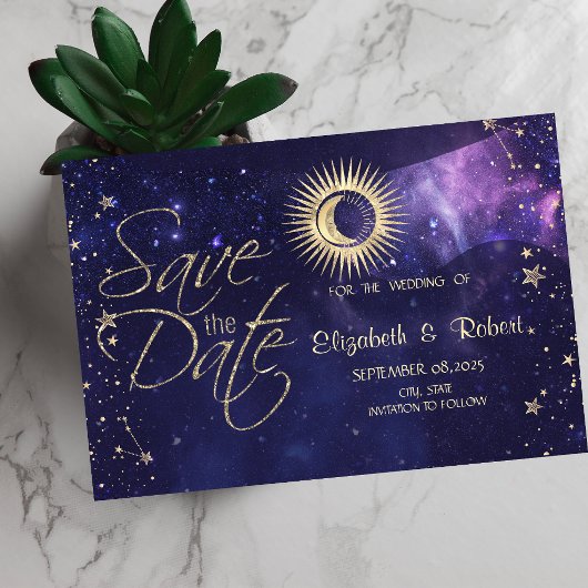 Save The Date Or Soleil Céleste, Lune, Étoiles Violet
