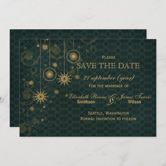 Save The Date or vert Snowflakes Hiver enregistrer la date (Devant / Derrière)