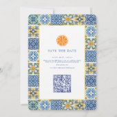Save The Date Orange Bleu Carreau Méditerranéen Mariage QR Code (Dos)