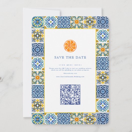 Save The Date Orange Bleu Carreau Méditerranéen Mariage QR Code (Dos)