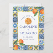 Save The Date Orange Bleu Carreau Méditerranéen Mariage QR Code (Devant)