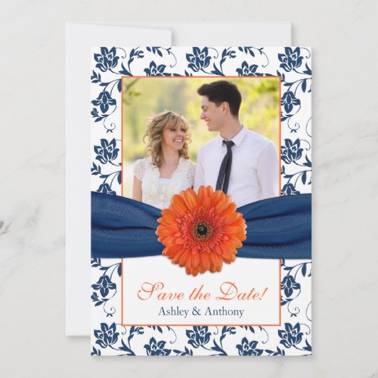 Save The Date Orange Daisy Navy Damask Photo Enregistrer la date (Devant)