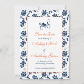 Save The Date Orange Daisy Navy Damask Photo Enregistrer la date (Dos)