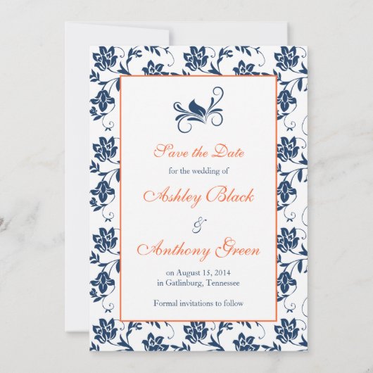 Save The Date Orange Daisy Navy Damask Photo Enregistrer la date (Dos)