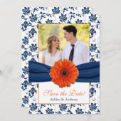 Save The Date Orange Daisy Navy Damask Photo Enregistrer la date (Devant / Derrière)