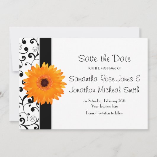 Save The Date Orange Gerbera Daisy Black Scroll Enregistrer la d (Devant)