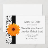 Save The Date Orange Gerbera Daisy Black Scroll Enregistrer la d (Devant / Derrière)