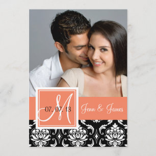 Save The Date Orange Peach Black Damask Photo Enregistrer la dat