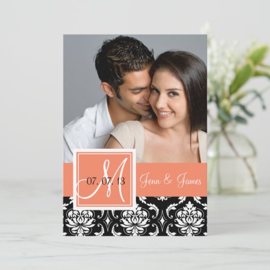 Save The Date Orange Peach Black Damask Photo Enregistrer la dat (Debout devant)