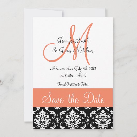 Save The Date Orange Peach Black Damask Photo Enregistrer la dat (Dos)