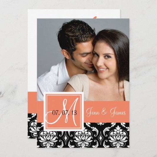 Save The Date Orange Peach Black Damask Photo Enregistrer la dat (Devant / Derrière)
