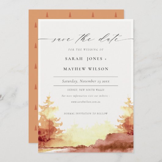 Save The Date Orange rouille jaune aquarelle automne arbres d'au (Devant / Derrière)