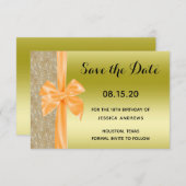 Save The Date Orange Silk Bow Gold Glitter Sequins 18th Birthday (Devant / Derrière)