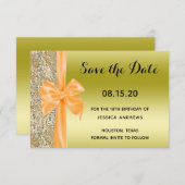 Save The Date Orange Silk Bow Gold Sequins 18th Birthday (Devant / Derrière)