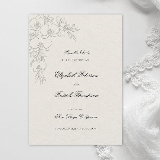Save The Date Orchid Elevated Ecru Formal Traditional Wedding