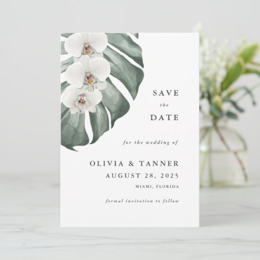Save The Date Orchidées Blanches Paradis Tropical Enregistrez la (Debout devant)