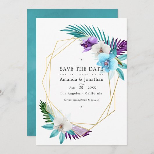 Save The Date Orchidées tropicales géométriques Mariage Photo (Devant / Derrière)